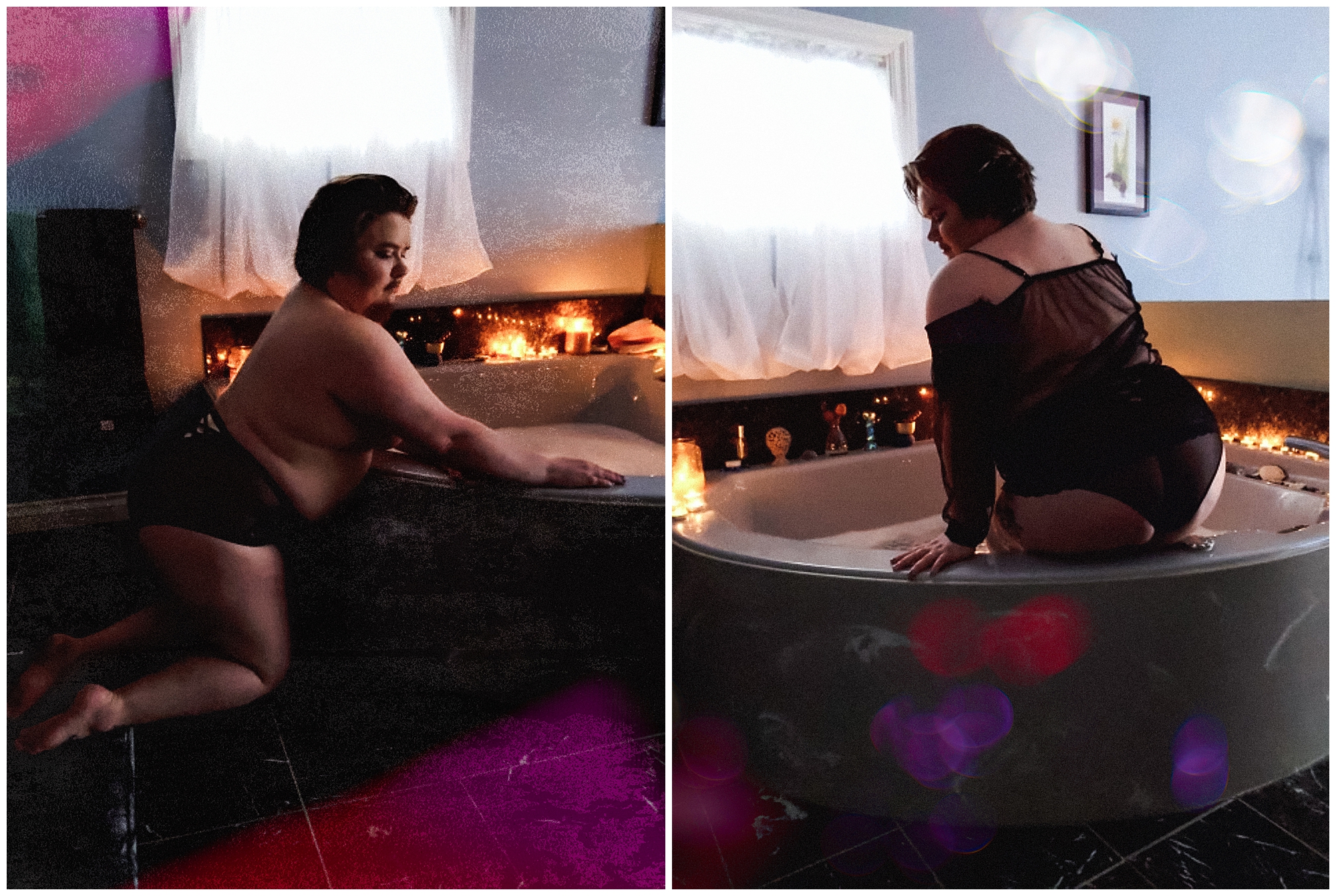 image of a non-binary person during their virtual boudoir session they are sitting beside a large soaker tub and are topless