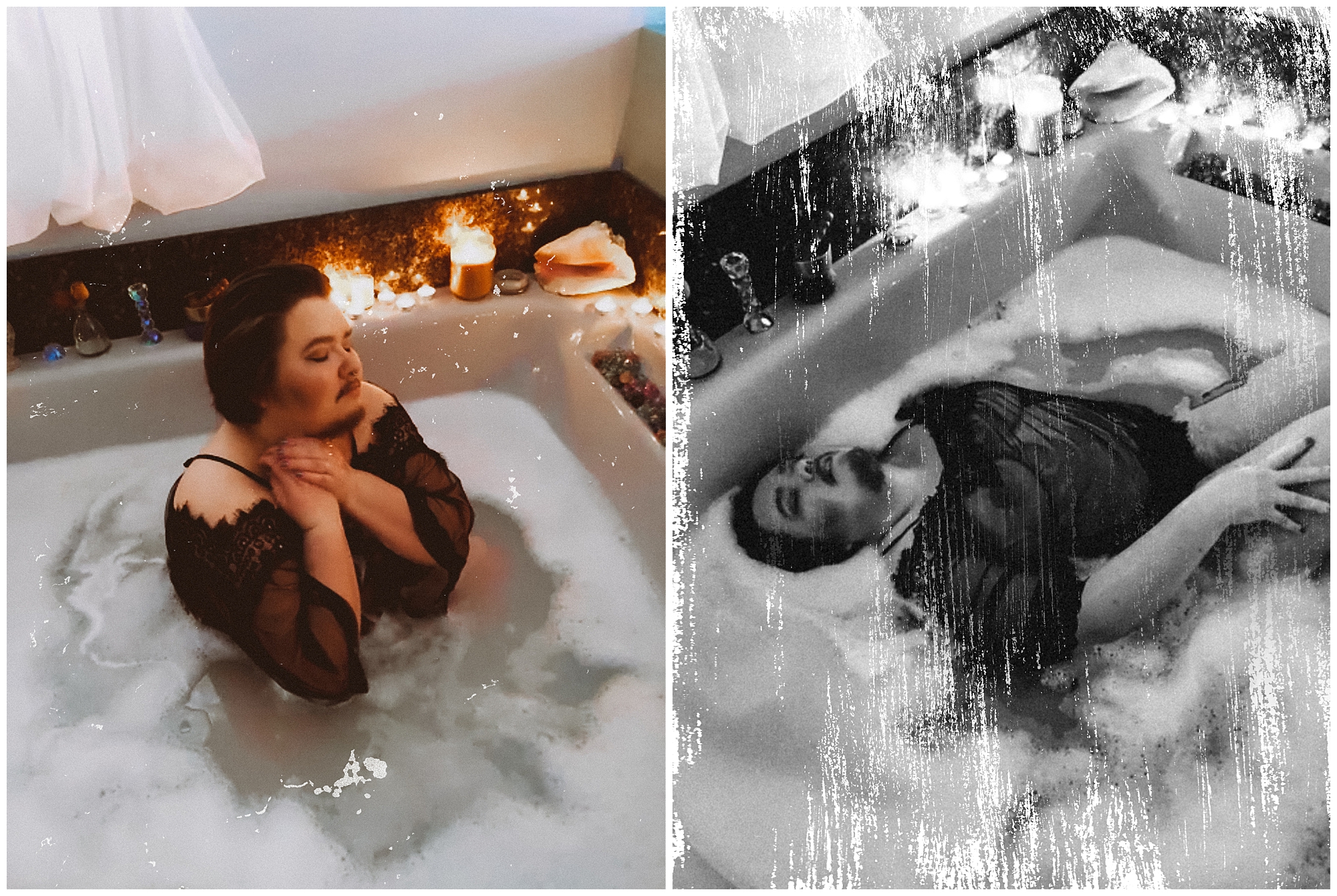 image of a non-binary person during their virtual boudoir session they are sitting in a large soaker tub with bubbles, the photo is of a vintage style and the candles around the tub are lit
