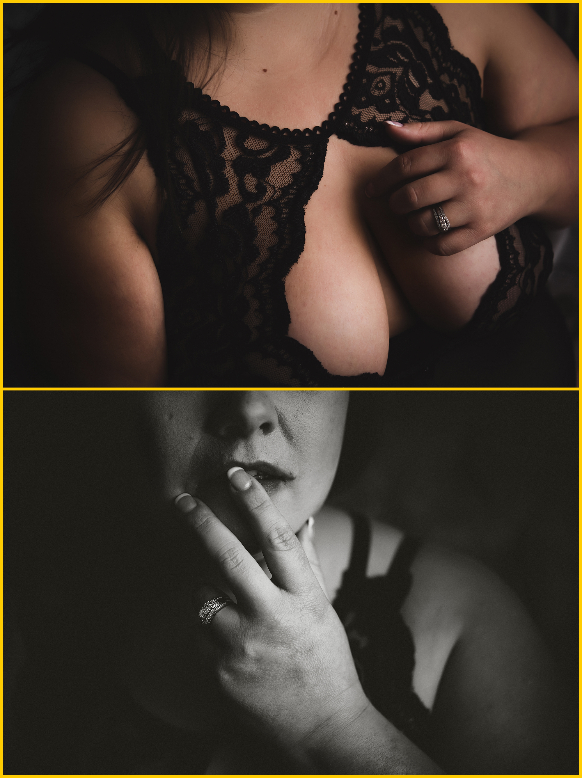 Diptych of woman during boudoir experience close-up of breasts with hand holding lingerie, black and white image close-up of mouth with hand placed over lips