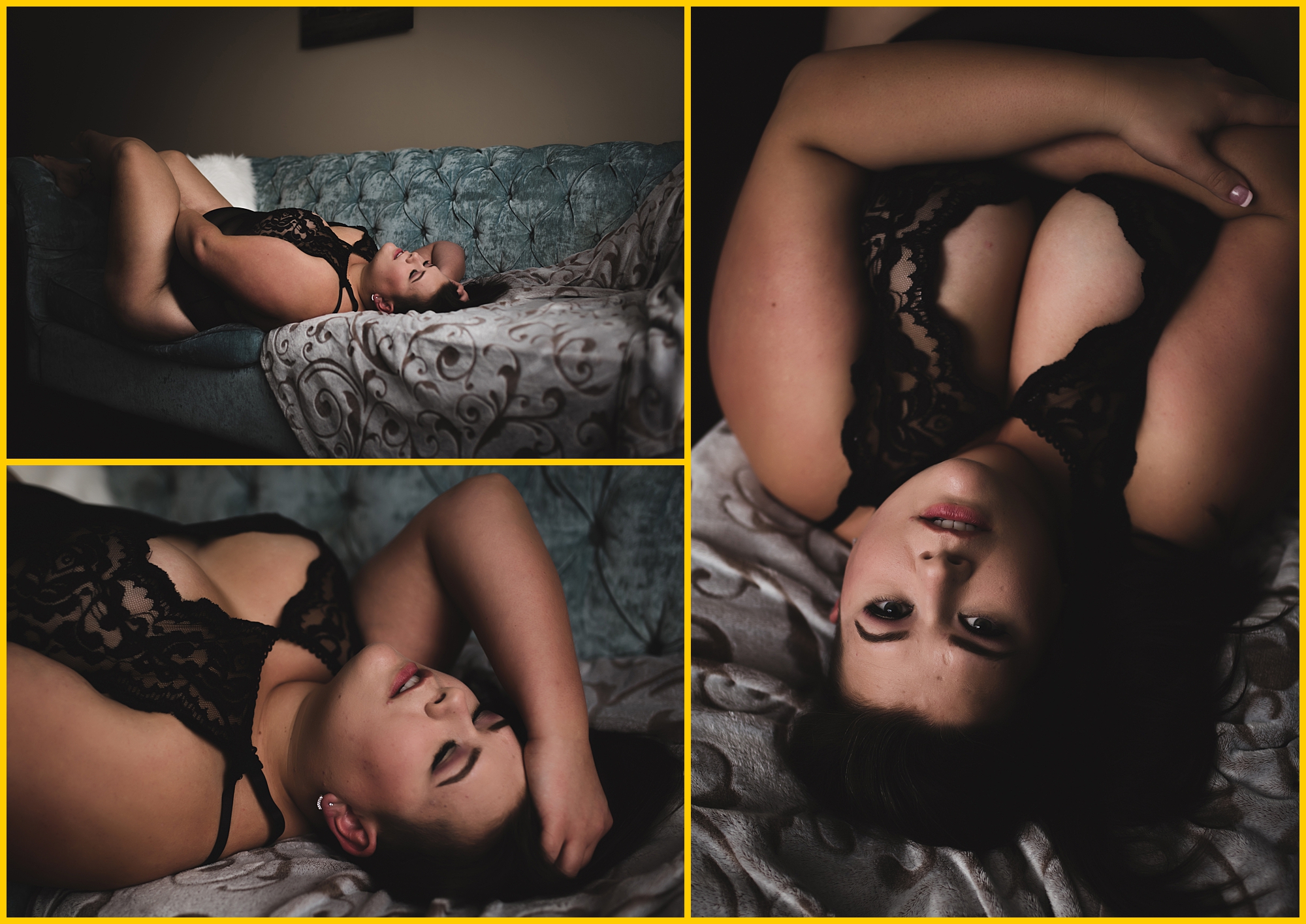 Three images of a woman during her boudoir experience session laying on her back on a blue velvet couch, hand in her hair