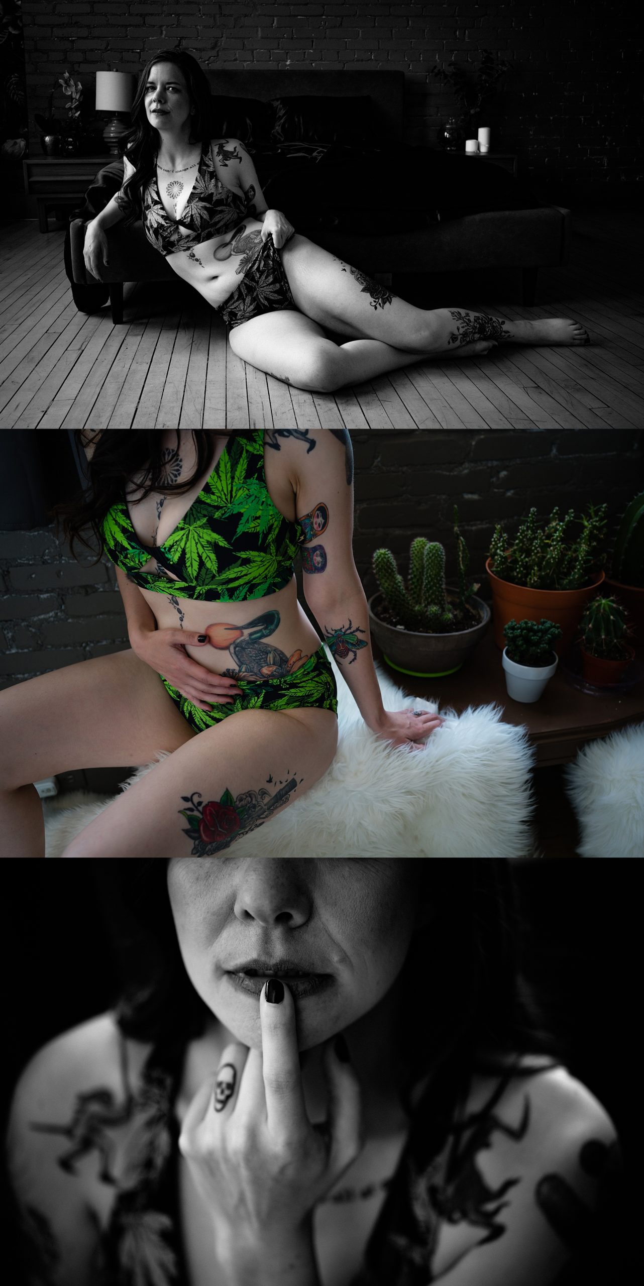 three images of a woman during a boudoir session, in one image she sits on the hardwood floor in front of a bed with black satin sheets, her legs are to the side. In the second image she is wearing a cannabis leaf two piece lingerie set, you cannot see her face, and she has one hand covering her tattooed belly. The last image is black and white and is a close-up of the woman's mouth, she is touching one finger to her lip