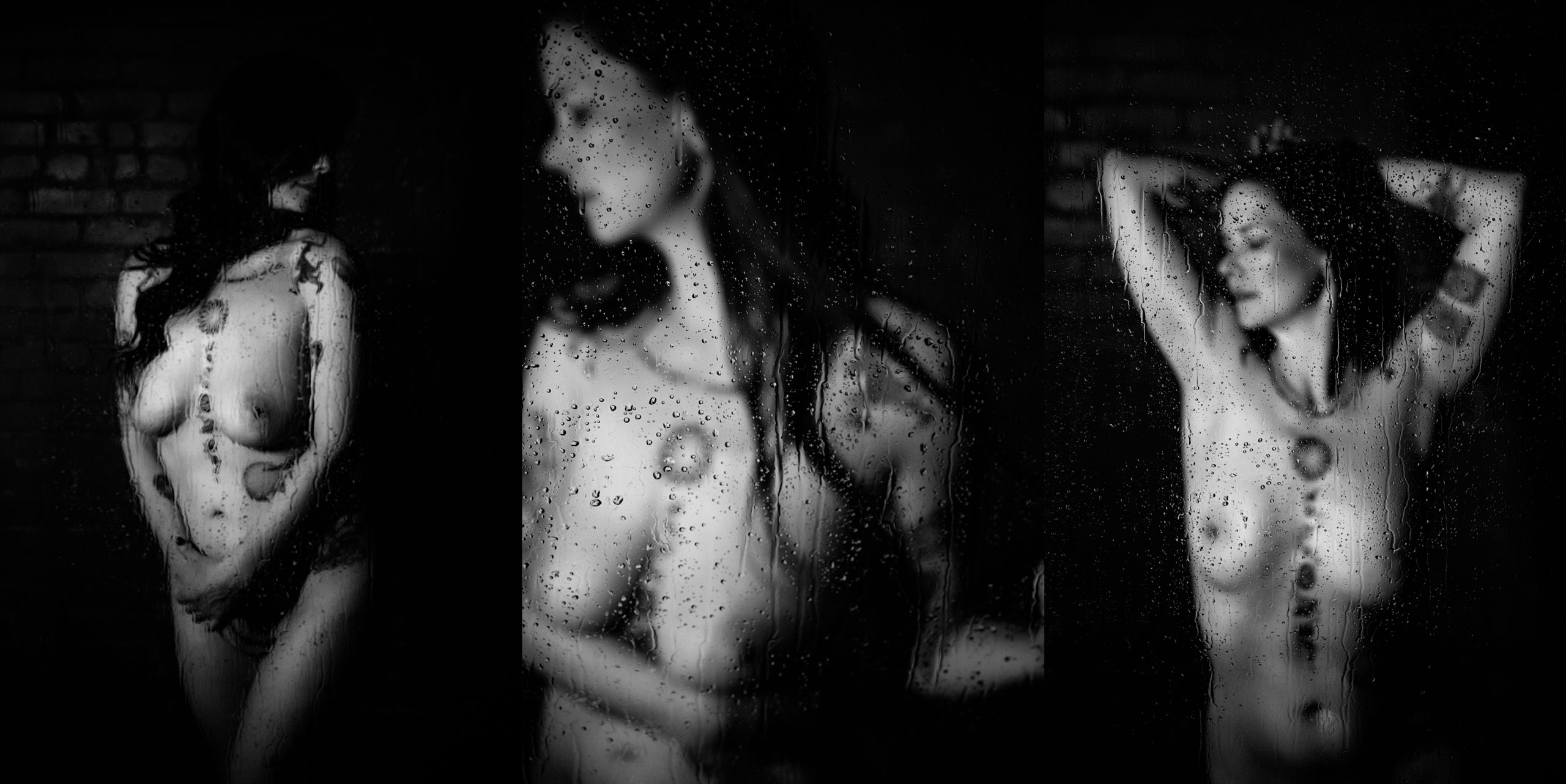 Three black and white images of a woman during a boudoir session, she is in the shower. In the first image she has her head turned away to the camera, she is fully nude and is holding her hands together in front of her. The second image is focused on the water drops on the shower door, she is out of focus but you can see her head is turned away from the camera. The third image she is facing the camera with her arms up in her hair, face is turned to the side.