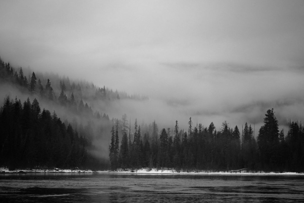 black and white photograph of a river with evergreen trees on the other side of the water. The clouds are low and have created an eerie spookiness to the image.